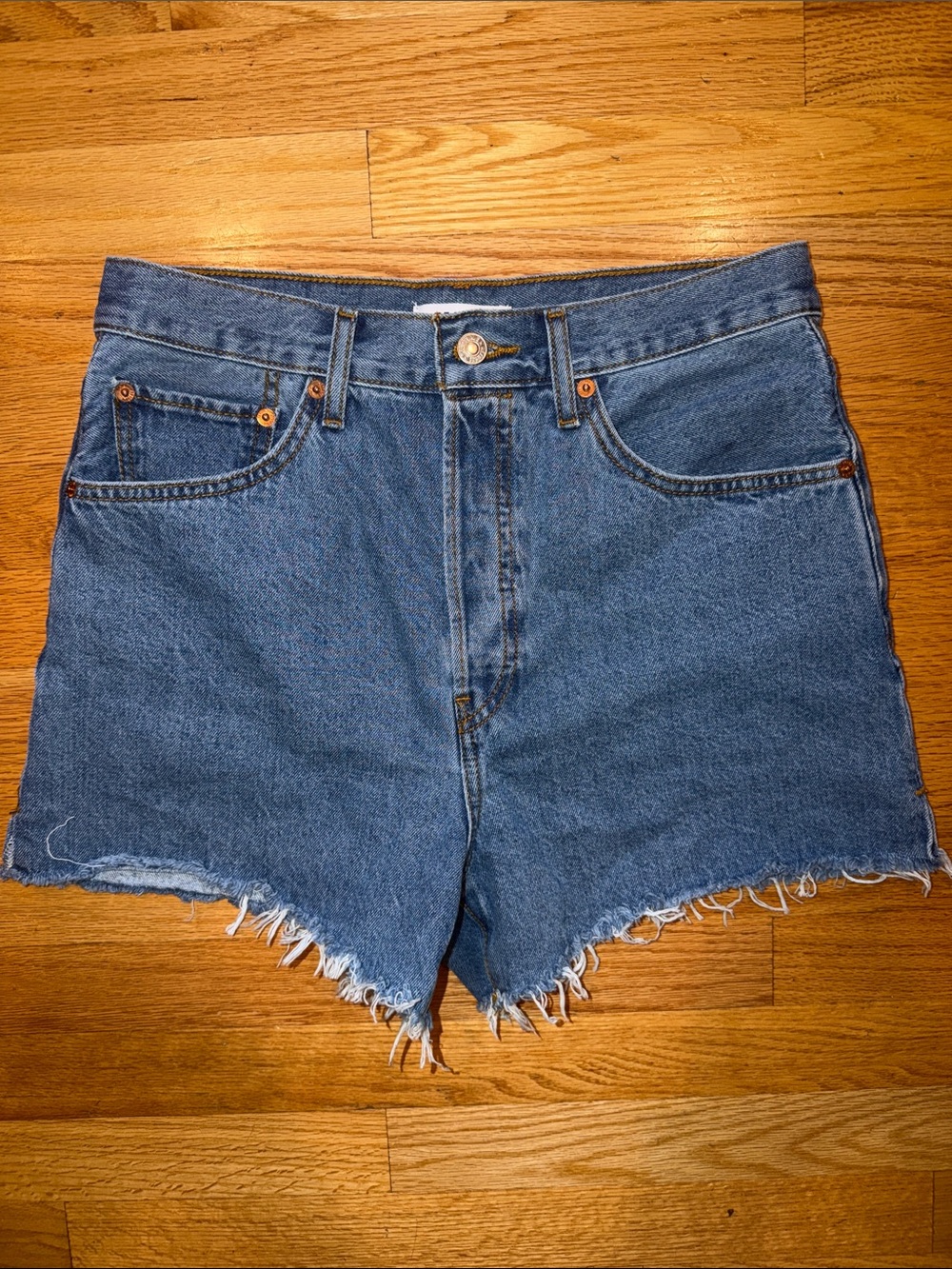 Re/Done Medium Blue High-Rise Raw Hem Denim Shorts